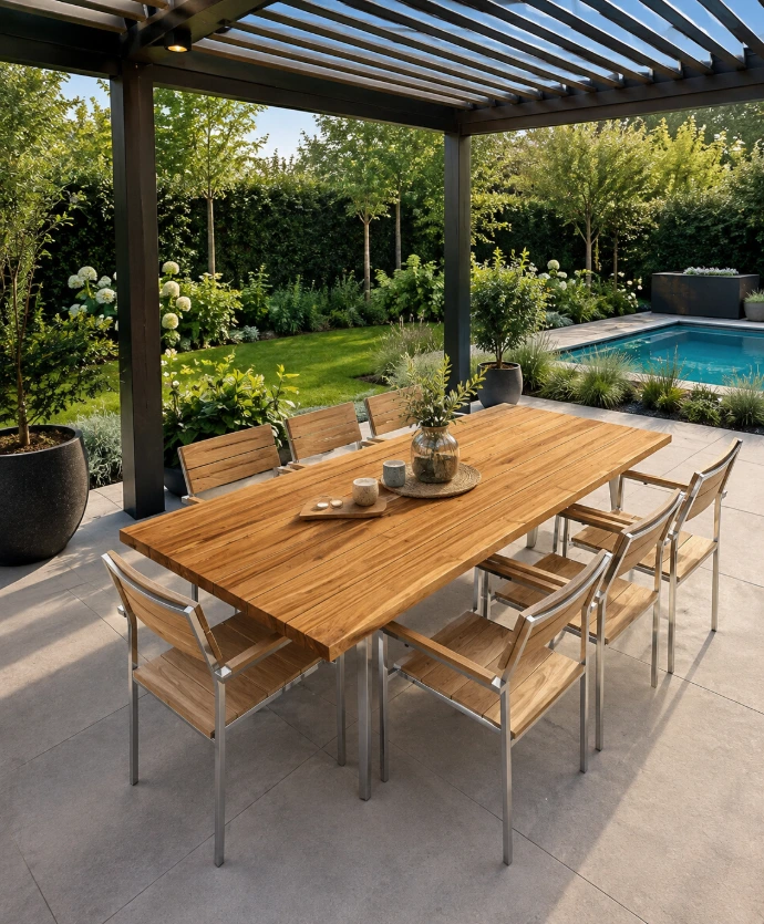 Rivano Gartentisch aus Teakholz mit Gartenstühlen auf einer Terrasse