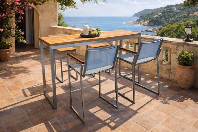 Teakline Barset mit Hochtisch und Barhockern im Außenbereich