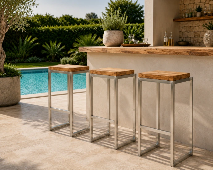 Drei Teakline Barhocker mit Holzsitz und Edelstahlgestell an einer Gartenbar