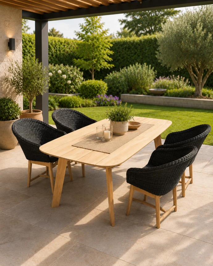 Ovale Teak-Essgruppe Rustikal mit Gartenstühlen
