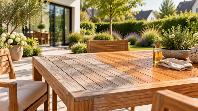 Esstischgruppe aus Teakholz im Garten