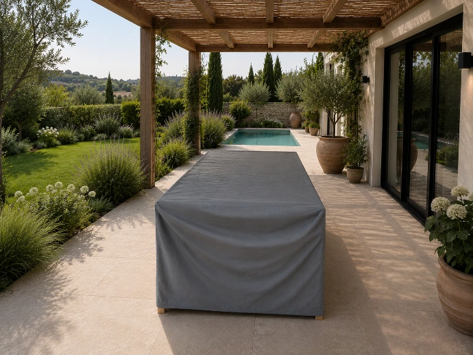 Abgedeckte Gartenmöbel auf einer Terrasse