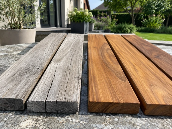 Vergleich von vergrautem und geöltem Holz auf einer Terrasse