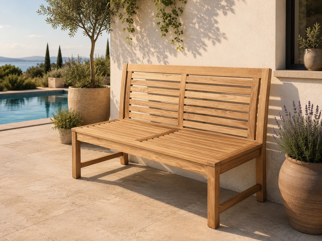 Teak-Gartenbank mit Rückenlehne auf einer Terrasse