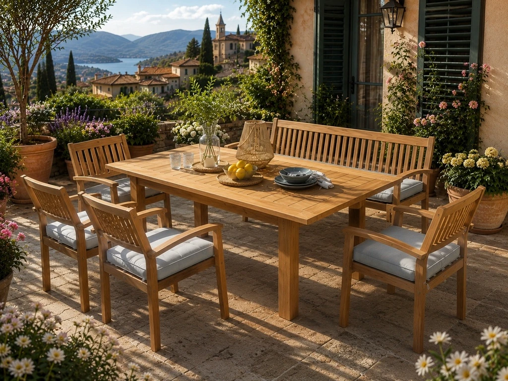 Teak-Gartentisch mit Stühlen und Bank auf einer Terrasse