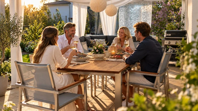 Menschen im Gespräch an einer Teak-Essgruppe auf der Terrasse