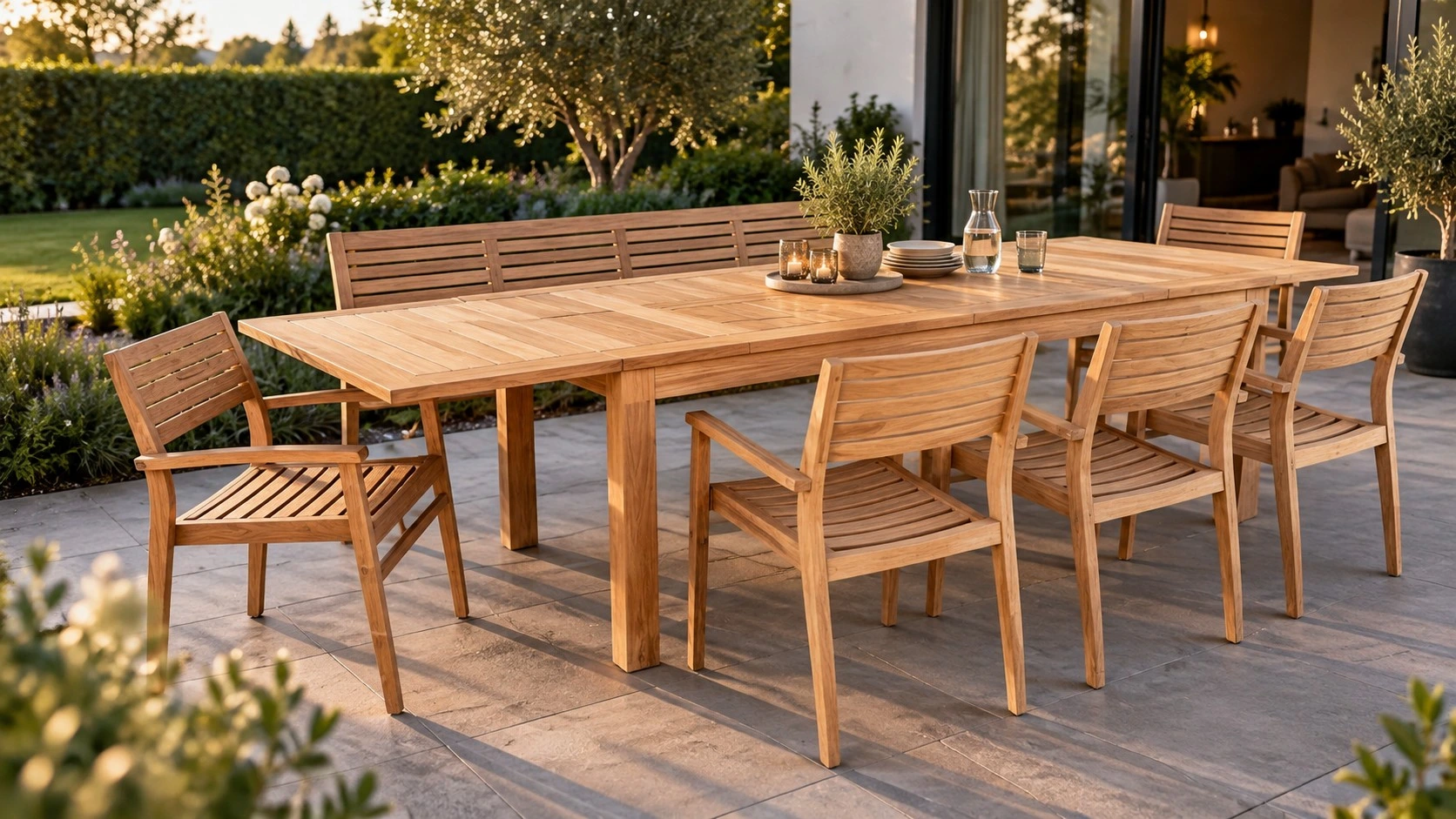 Viano Teak-Essgruppe mit Ausziehtisch, Bank und Stühlen auf einer Terrasse