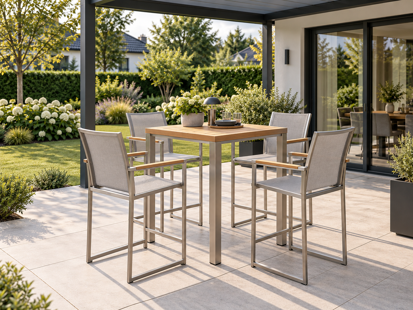 Teakline Barset Quattro, quadratischer Teakholz-Bartisch mit vier Balanceline-Barhockern auf moderner deutscher Terrasse