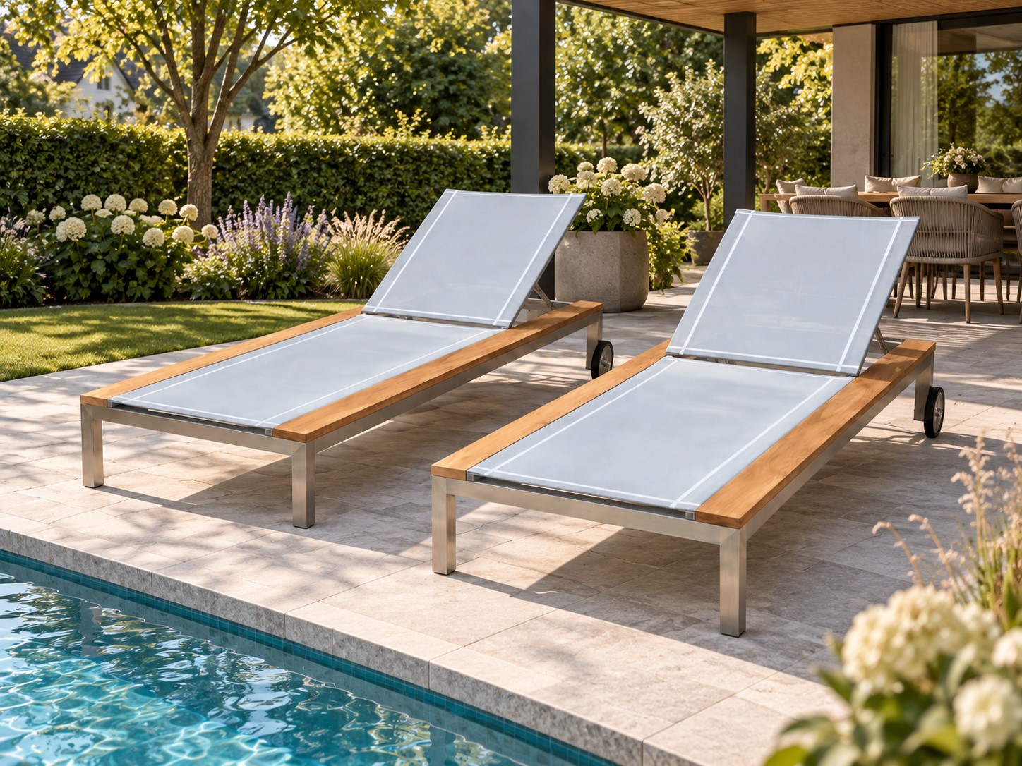 Original BIG SUN FLAIR product photograph: two stainless steel and teak sun loungers beside a pool